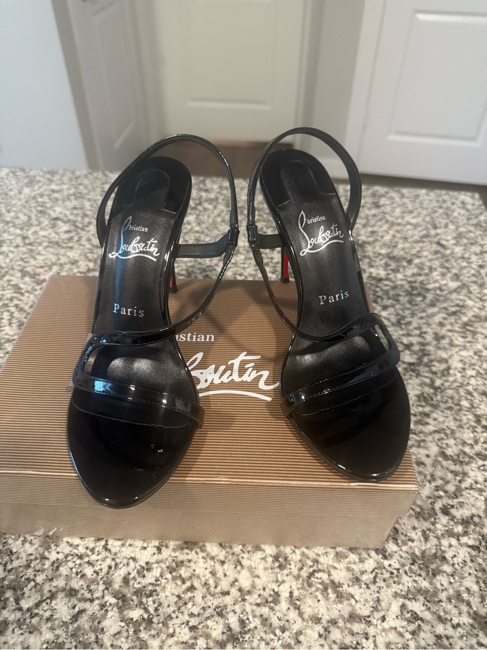 Christian Louboutin Black Patent Open-Toe Slingback Heels